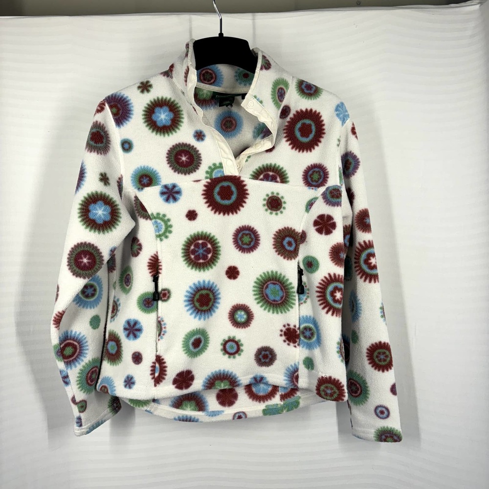 Vintage L.L. Bean Fleece TSnap Pullover Jacket Floral Nordic Print Pockets